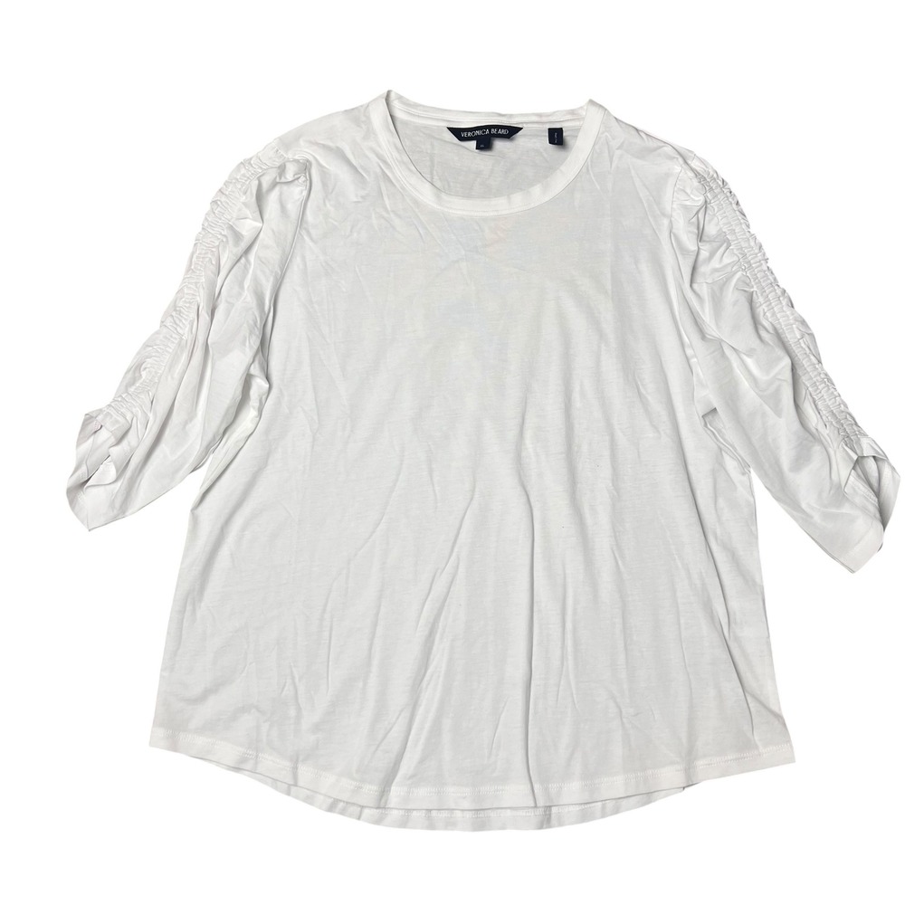 Veronica Beard White Pima Cotton Ruched Sleeve Crew Neck Tee Shirt XL